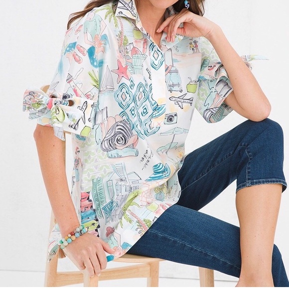 Chico’s Size 2 NO-IRON Bow-And-Grommet Tunic Traveling Vacation Print Summer. - Picture 2 of 4